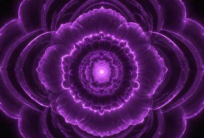 The primary subject of the image is a purple flower with a circular shape. The setting is a dark background, which contrasts with the purple flower. The visual style is a combination of a photo and digital art, creating a unique and artistic representation of the flower. The dominant colors are purple and black, giving the image a moody and dramatic atmosphere.
