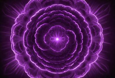 The primary subject of the image is a purple flower with a bright yellow center. The flower is surrounded by a purple background, which adds to the overall visual style. The image appears to be a digital art or illustration, as it features a vibrant color palette and a detailed, intricate design. The dominant colors are purple and yellow, creating a mood of tranquility and beauty.