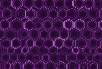 The primary subject of the image is a purple hexagonal pattern. The setting is a purple background, and the visual style appears to be a digital art or illustration. The dominant colors are purple and black, creating a bold and striking atmosphere.