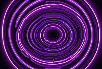 The primary subject of the image is a purple tunnel or tube, which appears to be a neon light or a purple light source. The setting is a dark background, which contrasts with the purple light. The visual style is a close-up of the purple light, creating a striking and unique visual effect. The colors and mood of the image are predominantly purple, giving it a futuristic and otherworldly appearance.