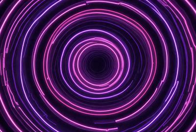 The primary subject of the image is a purple circle with a black hole in the center. The circle appears to be a neon or glowing light, creating a visually striking and unique visual effect. The setting or background of the image is a dark space, which further emphasizes the brightness and intensity of the purple circle. The visual style of the image is a combination of artistic and digital elements, giving it a modern and captivating appearance. The colors and mood of the image are predominantly purple