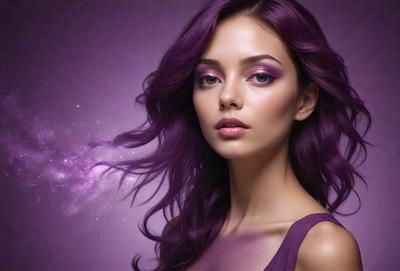 The primary subject of the image is a woman with purple hair. She is wearing a purple dress and has purple eyeshadow. The setting is a purple background, which adds to the overall mood of the image. The visual style is a close-up portrait, showcasing the woman's features and the vibrant color of her hair.