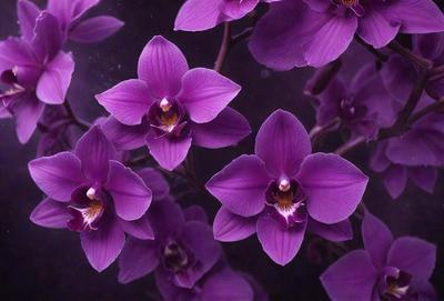 Purple orchids are the primary subject of the image. They are displayed in a dark setting, possibly a black background, which emphasizes their vibrant colors. The orchids are arranged in a group, creating a visually appealing composition. The overall atmosphere of the image is elegant and serene, with the purple orchids serving as the focal point.