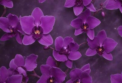 Purple orchids are the primary subject of the image. They are displayed in a purple background, creating a visually striking scene. The orchids are depicted in various positions, with some appearing closer to the viewer and others further away. The overall atmosphere of the image is elegant and serene, with the purple orchids being the main focus of the composition.