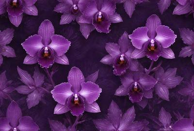 Purple orchids are the primary subject of the image. They are displayed in a purple background, creating a visually striking scene. The orchids are arranged in a pattern, with some of them appearing to be purple flowers on a purple background. The overall atmosphere of the image is vibrant and captivating.