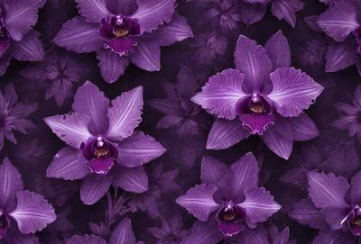 Purple orchids are the primary subject of the image. They are displayed in a purple background, creating a visually striking scene. The orchids are arranged in a pattern, with some of them appearing to be in a bouquet. The overall atmosphere of the image is elegant and sophisticated, with the purple orchids being the main focus.