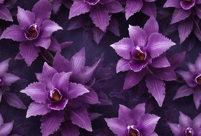 Purple flowers with white centers are the primary subject of the image. They are displayed against a dark background, creating a dramatic and moody atmosphere. The flowers are arranged in a pattern, with some overlapping each other, and they are depicted in a digital art style. The overall mood of the image is one of elegance and sophistication.