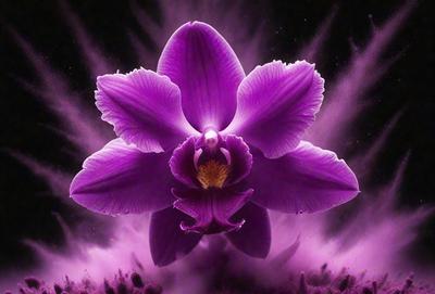 Purple orchid flower with purple petals and a yellow center. The flower is in a purple background. The visual style is a photo. The colors and mood are purple and serene.