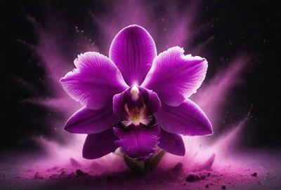 The primary subject of the image is a purple orchid flower. The setting is a pink background, which adds a contrasting color to the scene. The visual style is a close-up of the flower, showcasing its details. The dominant colors are purple and pink, creating a serene and elegant atmosphere.