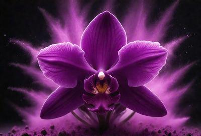 Purple orchid flower with purple petals and a purple center. The flower is in a purple background. The visual style is a photo. The colors and mood are purple and serene.