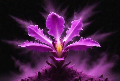 The primary subject of the image is a purple flower with a yellow center, which is the focal point of the scene. The flower is situated on a dirt surface, giving the image a natural and earthy feel. The visual style of the image is a combination of photo and digital art, creating a unique and eye-catching representation of the flower. The dominant colors in the image are purple and yellow, which evoke a sense of warmth and vibrancy.