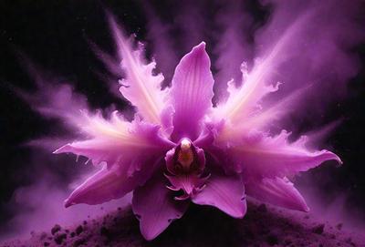 The primary subject of the image is a purple orchid flower. The setting is a dark, purple background, which creates a dramatic and moody atmosphere. The visual style is a close-up of the flower, showcasing its intricate details. The colors and mood of the image are predominantly purple, with the orchid standing out as the focal point.