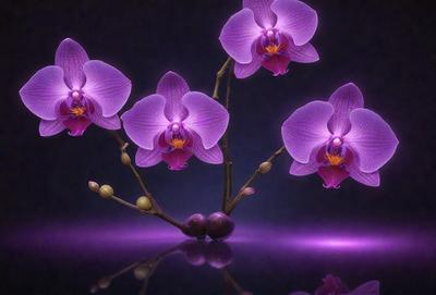 The primary subject of the image is a bouquet of purple orchids. The setting is a dark room, and the visual style appears to be a photo. The orchids are the main focus of the image, and their purple color and delicate petals create a serene and elegant atmosphere.