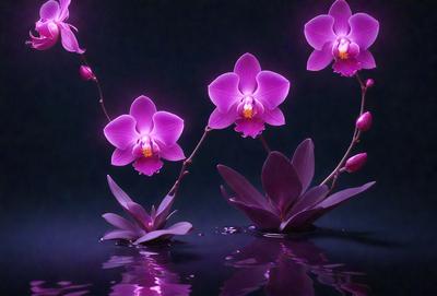 The primary subject of the image is a bouquet of purple orchids. The orchids are placed in a vase and are surrounded by water. The setting is a dark room, which adds a dramatic and moody atmosphere to the scene. The visual style of the image is a close-up of the orchids, showcasing their beauty and details. The colors in the image are predominantly purple, which creates a sense of elegance and sophistication.