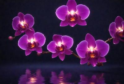 The primary subject of the image is a bouquet of purple orchids. The setting is a dark room, and the visual style appears to be a digital art or illustration. The orchids are the main focus of the image, and their purple color creates a calm and serene atmosphere.