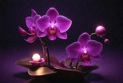 The primary subject of the image is a beautiful arrangement of purple orchids in a vase. The orchids are placed in a bowl, which is sitting on a table. The setting is a dark room, creating a moody atmosphere. The visual style is a close-up of the orchids, showcasing their vibrant colors and intricate details. The colors and mood of the image are predominantly purple, creating a sense of elegance and sophistication.