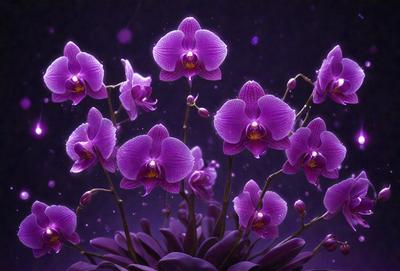The primary subject of the image is a bouquet of purple orchids. The setting is a dark room, with the orchids being the main focus of the image. The visual style is a digital art, with the orchids being the main object, scene, or focus of the image. The colors and mood of the image are predominantly purple, creating a serene and elegant atmosphere.