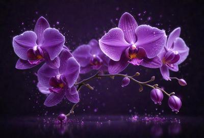 Purple orchids are the primary subject of the image. They are displayed in a purple background, which adds to the overall mood of the scene. The orchids are depicted in a digital art style, giving them a vibrant and realistic appearance. The colors and mood of the image are predominantly purple, creating a sense of elegance and beauty.