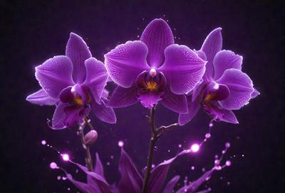 The primary subject of the image is a bouquet of purple orchids. The setting is a dark room, and the visual style appears to be a digital art or illustration. The dominant colors in the image are purple and white, creating a serene and elegant atmosphere.