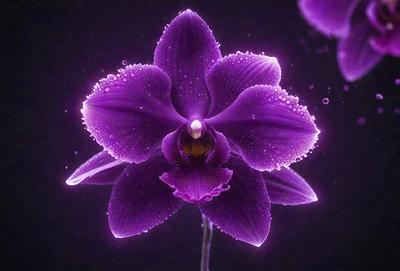 Purple orchid flower with purple petals and a yellow center. The flower is sitting on a purple background. The visual style is a photo. The colors and mood are purple and serene.