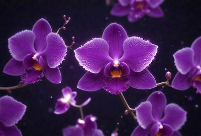 Purple orchids are the primary subject of the image. They are displayed in a dark setting, possibly a nighttime garden or a dark room. The orchids are arranged in a visually appealing manner, with some of them appearing to be floating in the air. The overall atmosphere of the image is serene and captivating, with the purple orchids being the main focus of the scene.