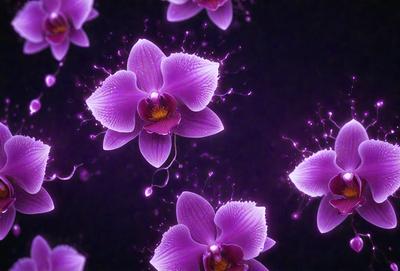 The primary subject of the image is a group of purple flowers. The setting is a dark background, which creates a dramatic and moody atmosphere. The visual style is a combination of photo and digital art, as the flowers are depicted in a realistic manner while the background is digitally created. The colors and mood of the image are predominantly purple, which adds to the overall ambiance of the scene.