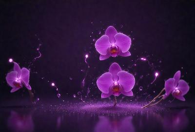 The primary subject of the image is a pair of purple orchids. They are placed on a purple surface, which adds to the overall mood of the scene. The visual style of the image is a combination of photo and digital art, creating a unique and eye-catching display. The colors and mood of the image are predominantly purple, giving it a serene and elegant atmosphere.
