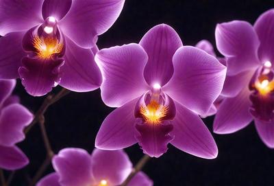 The primary subject of the image is a bouquet of purple orchids. The setting is a dark room, and the visual style appears to be a photo of the flowers. The dominant colors are purple, and the overall atmosphere is elegant and serene.