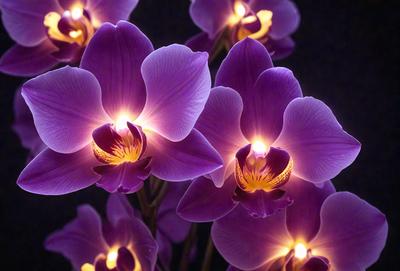 The primary subject of the image is a group of purple orchids. They are the main focus of the image, and they are displayed in a dark setting. The orchids are illuminated by a light source, which creates a dramatic and visually striking effect. The visual style of the image is a close-up of the orchids, showcasing their intricate details and textures. The colors and mood of the image are predominantly purple, creating a sense of elegance and sophistication.