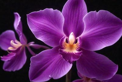 The primary subject of the image is a purple orchid flower. The setting is a dark background, which highlights the flower's vibrant color. The visual style is a close-up of the flower, showcasing its details. The colors and mood of the image are predominantly purple, creating a serene and elegant atmosphere.