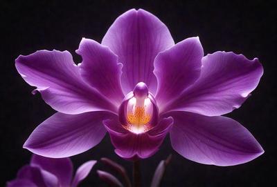 The primary subject of the image is a purple orchid flower. The setting is a dark room, and the visual style appears to be a close-up photo of the flower. The dominant colors in the image are purple and pink, creating a serene and elegant atmosphere.