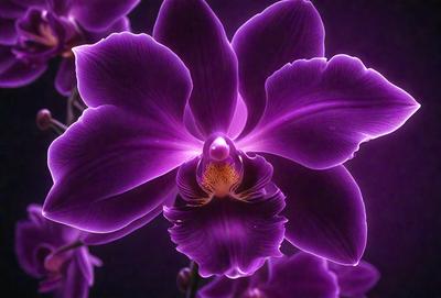 The primary subject of the image is a purple orchid flower. The setting is a dark background, which creates a dramatic and moody atmosphere. The visual style is a close-up of the flower, showcasing its intricate details. The dominant colors are purple and dark, giving the image a rich and sophisticated appearance.