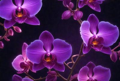 The primary subject of the image is a bouquet of purple orchids. The setting is a dark background, which contrasts with the vibrant purple flowers. The visual style is a close-up of the flowers, showcasing their details and beauty. The colors and mood of the image are predominantly purple, creating a serene and elegant atmosphere.