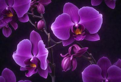 The primary subject of the image is a bouquet of purple orchids. The orchids are arranged in a vase, and they are the main focus of the image. The setting is a dark room, which creates a moody atmosphere. The visual style is a close-up of the orchids, showcasing their details and beauty. The colors and mood of the image are predominantly purple, creating a sense of elegance and sophistication.