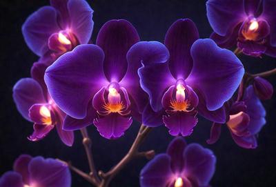 The primary subject of the image is a purple orchid flower. The setting is a dark background, which highlights the flower's vibrant color. The visual style is a close-up of the flower, showcasing its details. The colors and mood of the image are predominantly purple, creating a serene and elegant atmosphere.