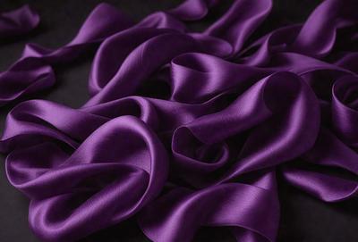 Purple fabric, possibly a piece of silk, is the primary subject of the image. The fabric is displayed on a black surface, creating a striking contrast. The visual style of the image is a close-up of the purple fabric, showcasing its texture and details. The colors and mood of the image are predominantly purple, giving it a luxurious and elegant appearance.