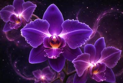Purple orchid with yellow center, surrounded by other purple orchids.