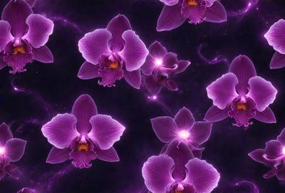 The primary subject of the image is a group of purple flowers, which are the main objects in the scene. The flowers are arranged in a pattern, creating a visually appealing and artistic display. The setting is a dark background, which contrasts with the vibrant purple flowers, making them stand out even more. The visual style of the image is a combination of photo and digital art, as it captures the beauty of the flowers in a unique and creative manner. The colors and mood of the image are pre