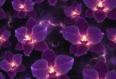 The primary subject of the image is a close-up of purple orchids. The setting is a dark background, which contrasts with the vibrant purple flowers. The visual style is a combination of a photo and digital art, creating a unique and eye-catching pattern. The dominant colors are purple and black, giving the image a dramatic and elegant mood.