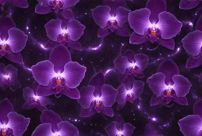 The primary subject of the image is a pattern of purple orchids. The setting is a black background, which contrasts with the purple orchids. The visual style is a digital art or illustration, creating a vibrant and eye-catching design. The dominant colors are purple and black, giving the image a bold and striking appearance.