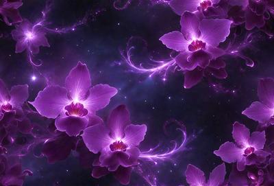 Purple orchids are the primary subject of the image, with a purple background and a purple sky. The orchids are arranged in a pattern, creating a visually appealing and artistic scene. The overall atmosphere is serene and calming, with the purple orchids being the main focus of the image.