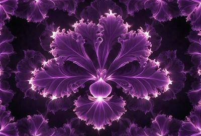 The primary subject of the image is a purple flower, which is the main object, scene, or focus of the image. The setting or background features a purple and black patterned background, which adds to the visual style of the image. The visual style of the image is a combination of photo and digital art, creating a unique and eye-catching display. The dominant colors in the image are purple and black, giving the image a bold and striking appearance.