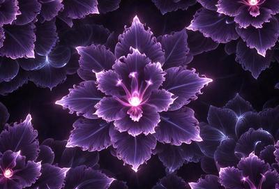 The primary subject of the image is a purple flower with a pink center, surrounded by other purple flowers. The setting is a dark background, which creates a dramatic and moody atmosphere. The visual style is a combination of photo and digital art, as the flower appears to be a close-up of a real flower, yet the overall composition and lighting suggest a digital artwork. The colors and mood of the image are predominantly purple and dark, giving the impression of a mysterious and enchanting scene
