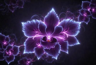 The primary subject of the image is a purple flower with a yellow center, which is the focal point of the scene. The flower is surrounded by a purple background, giving it a striking appearance. The visual style of the image is a combination of photo and digital art, creating a unique and eye-catching display. The dominant colors in the image are purple and yellow, which evoke a sense of beauty and vibrancy.