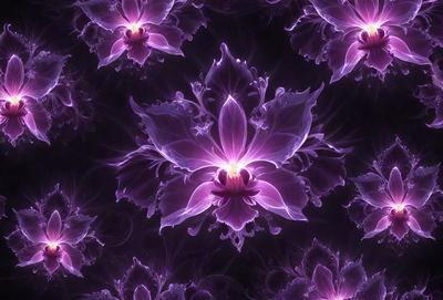 The primary subject of the image is a purple flower with a yellow center, surrounded by a purple background. The visual style of the image is a digital art or illustration, with a patterned background that adds depth and interest to the scene. The colors and mood of the image are predominantly purple and dark, creating a moody and dramatic atmosphere.