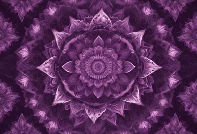 The primary subject of the image is a purple flower with a yellow center, which is the focal point of the scene. The setting is a purple background, which complements the flower's color. The visual style is a digital art or illustration, as the flower is depicted in a detailed and intricate manner. The dominant colors are purple and yellow, creating a calming and serene atmosphere.