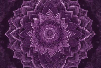 The primary subject of the image is a large, purple flower with a circular shape. The flower is the main focus of the image, and it is set against a purple background. The visual style of the image is a combination of digital art and illustration, creating a vibrant and colorful scene. The dominant colors in the image are purple and pink, giving the flower a lush and vivid appearance.