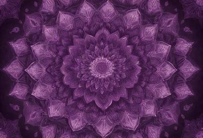 The primary subject of the image is a large, purple flower with a yellow center. The flower is the focal point of the image, and it is surrounded by a purple background. The visual style of the image is a close-up of the flower, showcasing its intricate details. The colors and mood of the image are predominantly purple and calming, creating a serene and peaceful atmosphere.