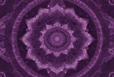 The primary subject of the image is a purple flower with a circular pattern. The setting is a purple background, which adds to the overall visual style. The image is a digital art or illustration, showcasing the intricate details of the flower. The dominant colors are purple and pink, creating a calm and serene atmosphere.