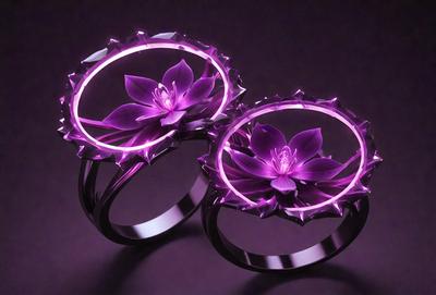 The primary subject of the image is a pair of purple rings with flower designs on them. The rings are placed on a purple background, which adds to the overall mood of the image. The visual style of the image is a combination of digital art and illustration, creating a unique and eye-catching design. The dominant colors in the image are purple and pink, which contribute to the overall atmosphere of the scene.